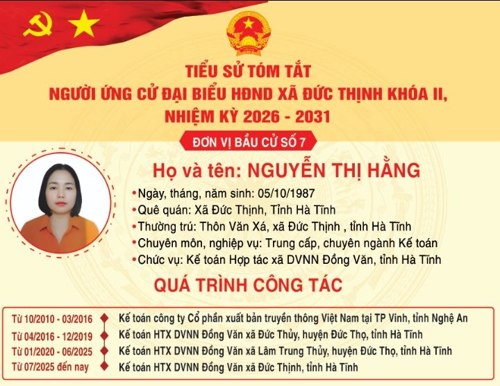 Trân trọng giới thiệu tiểu sử tóm tắt của bà Nguyễn Thị Hằng - Kế toán HTXNN Đồng Văn, xã Đức Thịnh, tỉnh Hà Tĩnh ứng cử đại biểu HĐND xã Đức Thịnh khoá II, nhiệm kỳ 2026-2031