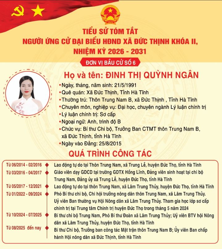 Trân trọng giới thiệu tiểu sử tóm tắt của bà Đinh Thị Quỳnh Ngân - Bí thư Chi bộ, Trưởng Ban CTMT thôn Trung Nam B, xã Đức Thịnh, tỉnh Hà Tĩnh ứng cử đại biểu HĐND xã Đức Thịnh khoá II, nhiệm kỳ 2026-2031