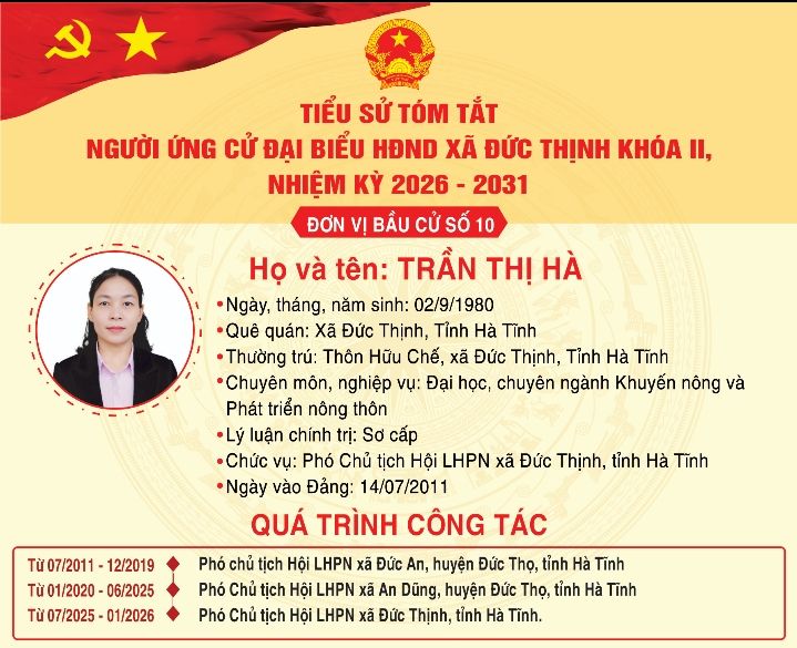Trân trọng giới thiệu tiểu sử tóm tắt của bà Trần Thị Hà - Phó Chủ tịch Hội LHPN xã Đức Thịnh, tỉnh Hà Tĩnh ứng cử đại biểu HĐND xã Đức Thịnh khoá II, nhiệm kỳ 2026-2031