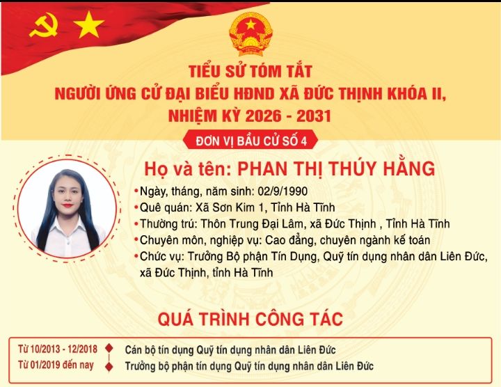Trân trọng giới thiệu tiểu sử tóm tắt của bà Phan Thị Thúy Hằng - Trưởng Bộ phận tín dụng, Quỹ tín dụng nhân dân Liên Đức, xã Đức Thịnh, tỉnh Hà Tĩnh ứng cử đại biểu HĐND xã Đức Thịnh khoá II, nhiệm kỳ 2026-2031