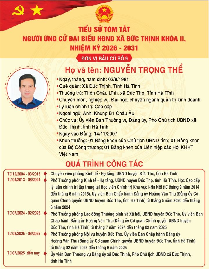 Trân trọng giới thiệu tiểu sử tóm tắt của ông Nguyễn Trọng Thể - Uỷ viên Ban Thường vụ Đảng ủy, Phó Chủ tịch UBND xã Đức Thịnh, tỉnh Hà Tĩnh ứng cử đại biểu HĐND xã Đức Thịnh khoá II, nhiệm kỳ 2026-2031