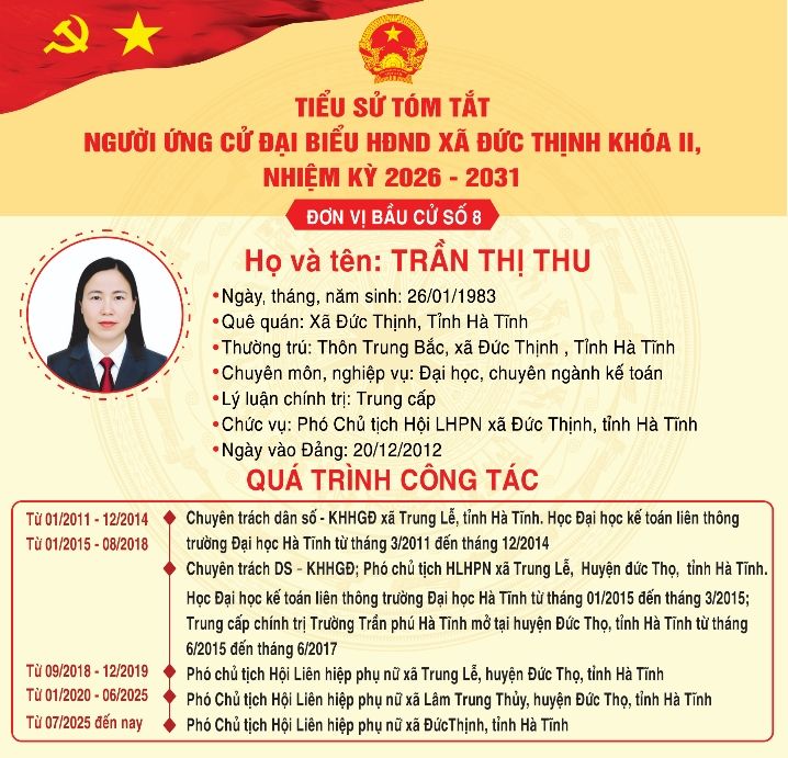 Trân trọng giới thiệu tiểu sử tóm tắt của bà Trần Thị Thu - Phó Chủ tịch Hội LHPN xã Đức Thịnh, tỉnh Hà Tĩnh ứng cử đại biểu HĐND xã Đức Thịnh khoá II, nhiệm kỳ 2026-2031