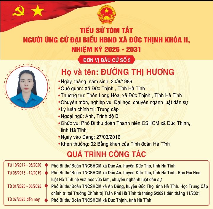 Trân trọng giới thiệu tiểu sử tóm tắt của bà Đường Thị Hương - Phó Bí thư Đoàn TNCS Hồ Chí Minh, xã Đức Thịnh, tỉnh Hà Tĩnh ứng cử đại biểu HĐND xã Đức Thịnh khoá II, nhiệm kỳ 2026-2031