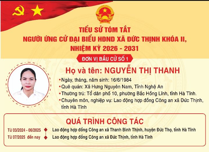 Trân trọng giới thiệu tiểu sử tóm tắt của bà Nguyễn Thị Thanh - Lao động hợp đồng Công an xã Đức Thịnh, tỉnh Hà Tĩnh ứng cử đại biểu HĐND xã Đức Thịnh khoá II, nhiệm kỳ 2026-2031