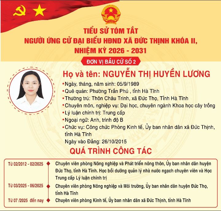 Trân trọng giới thiệu tiểu sử tóm tắt của bà Nguyễn Thị Huyền Lương - Công chức Phòng Kinh tế Uỷ ban nhân dân xã Đức Thịnh, tỉnh Hà Tĩnh ứng cử đại biểu HĐND xã Đức Thịnh khoá II, nhiệm kỳ 2026-2031