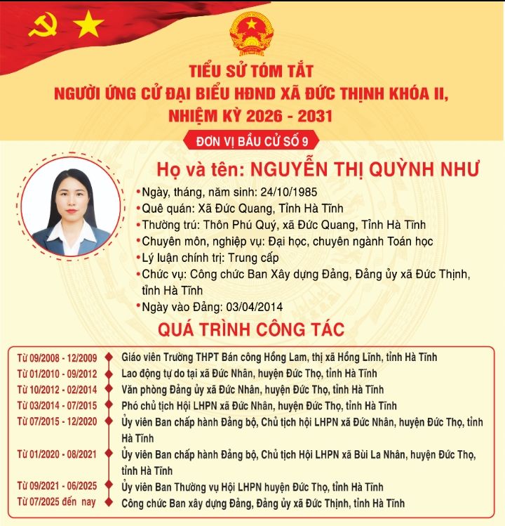 Trân trọng giới thiệu tiểu sử tóm tắt của bà Nguyễn Thị Quỳnh Như - Công chức Ban Xây dựng Đảng, Đảng ủy xã Đức Thịnh, tỉnh Hà Tĩnh ứng cử đại biểu HĐND xã Đức Thịnh khoá II, nhiệm kỳ 2026-2031
