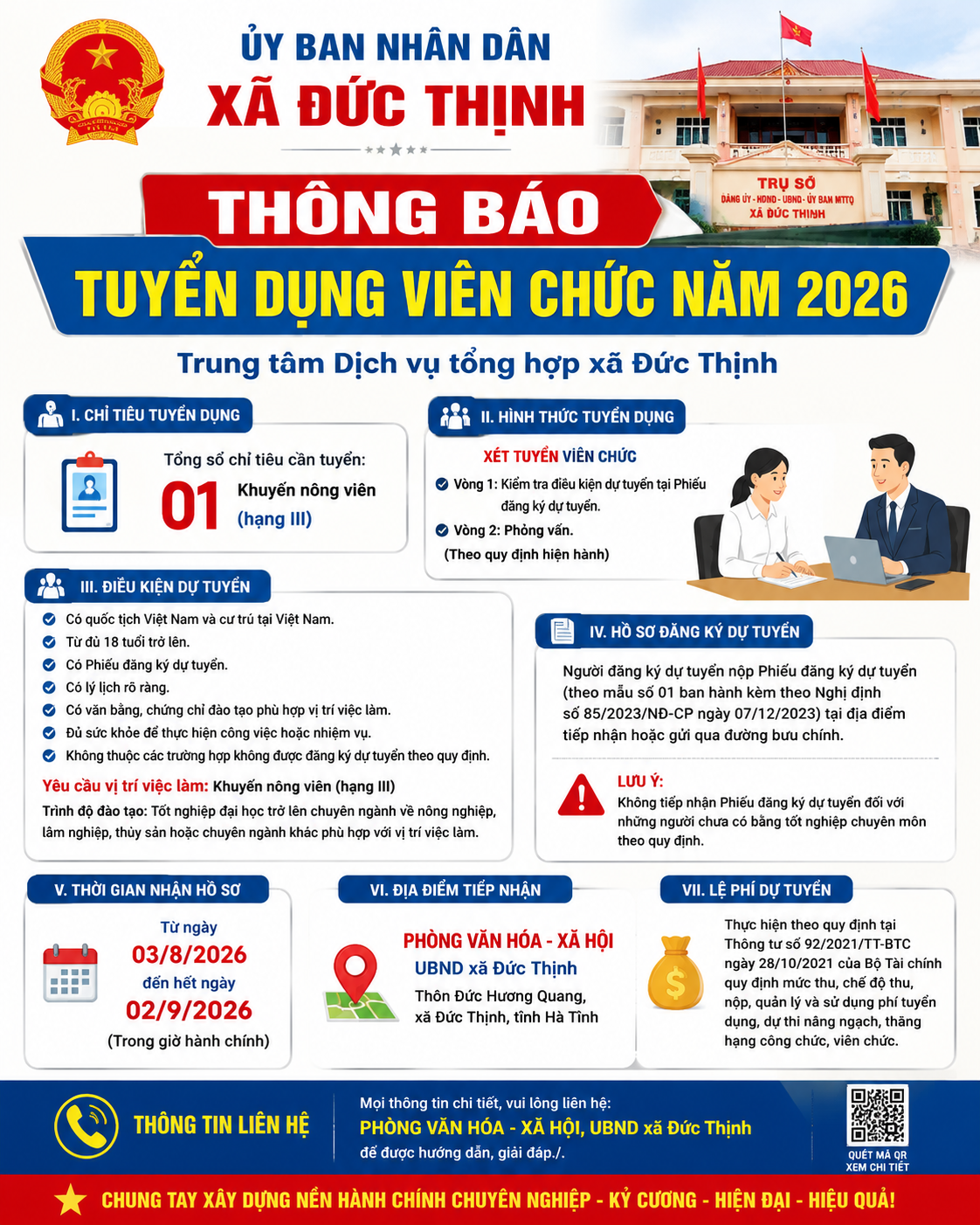 THÔNG BÁO Về việc tuyển dụng viên chức Trung tâm Dịch vụ tổng hợp xã Đức Thịnh năm 2026