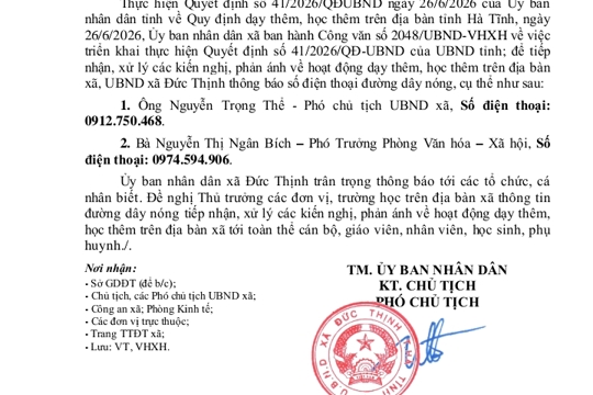 Thông báo đường dây nóng tiếp nhận, thông tin kiến nghị, phản ánh về dạy thêm học thêm trên địa bàn xã Đức Thịnh